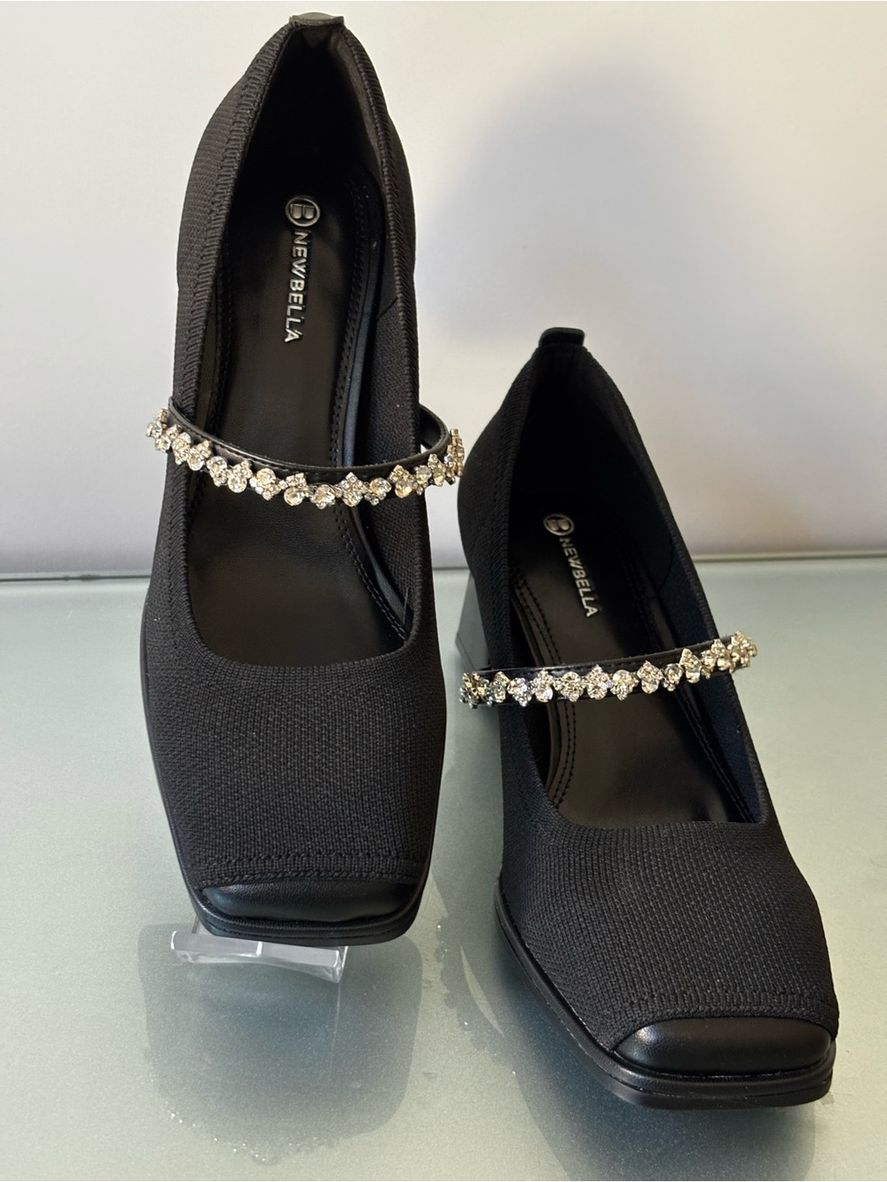 NEWBELLA Black Mary Jane Block Heel with Crystal